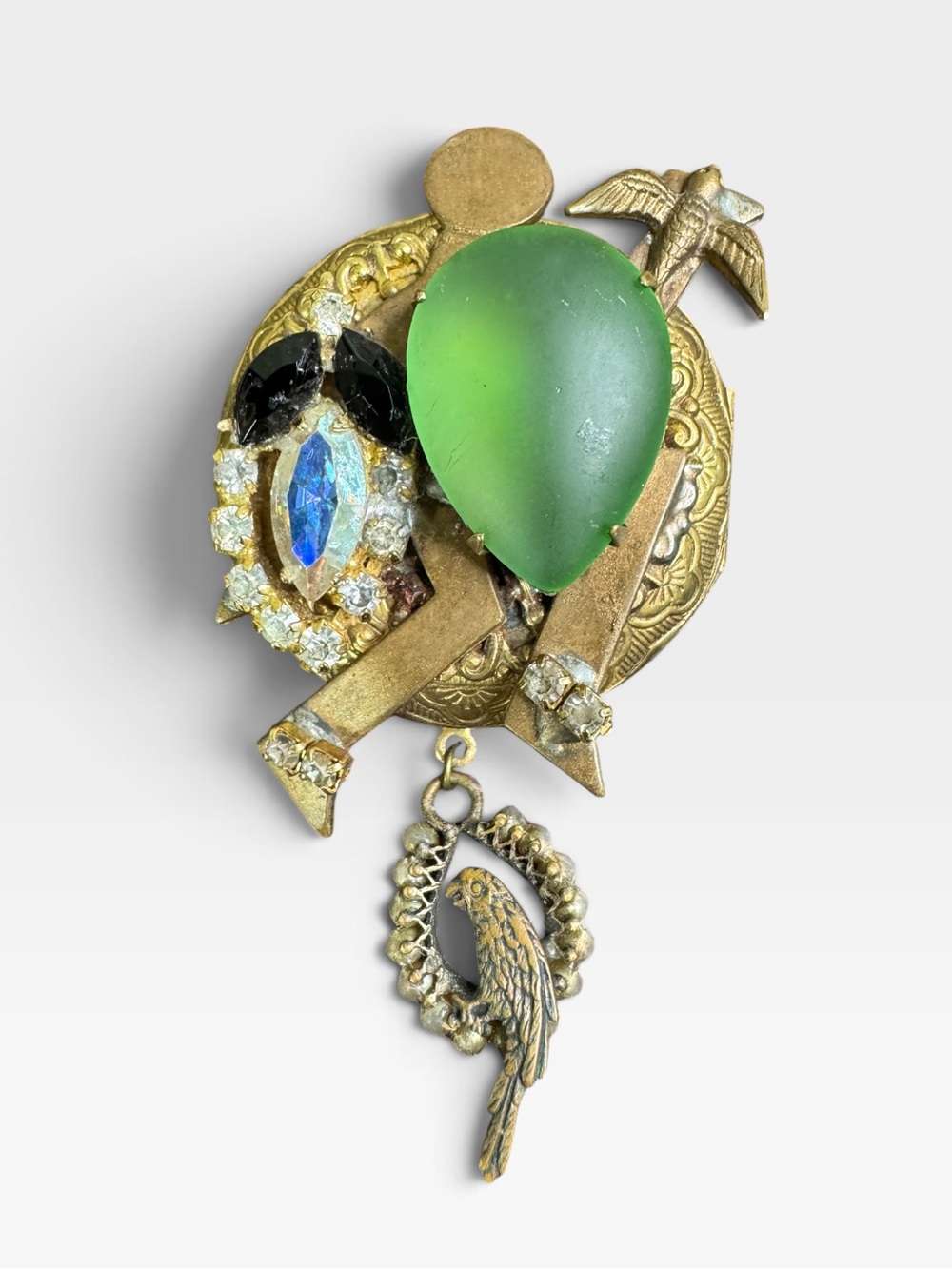 Vintage-Inspired Green Teardrop and Crystal Brooch Brutalist Steampunk